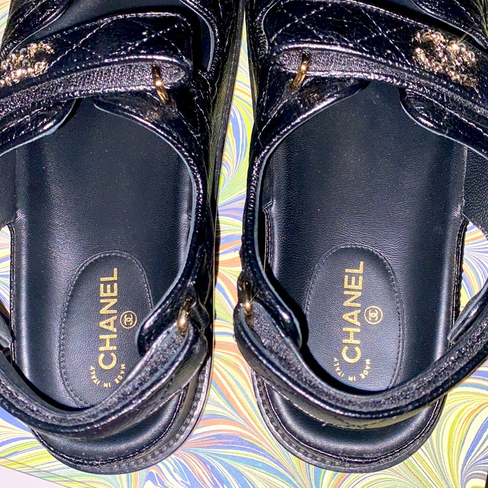 CHANEL “Dad” Sandals - Black Caviar Quilted Leather - Picture 4 of 6